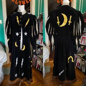 Vintage 1930s Black Velvet Wizard Coat with Yellow Decorations / Theater costume